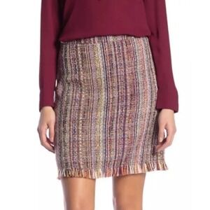 C Malandrino Skirt 6 Academia Tweed Fringe Lined Old Money Burgundy  Preppy